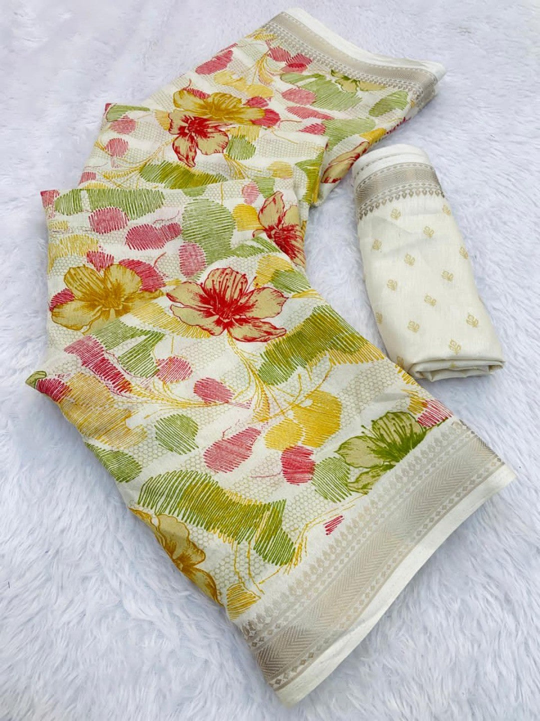 White Chanderi Silk Saree with Floral Motifs and Border - Image 3
