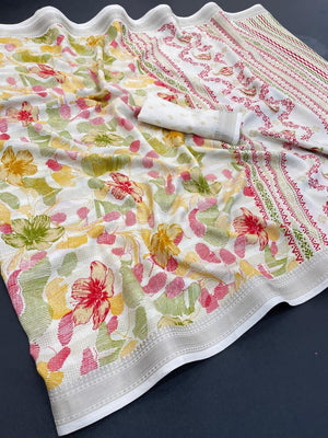 White Chanderi Silk Saree with Floral Motifs and Border - Image 2