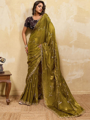 Elegant Mehendi Green Sequins Embroidered Velvet Satin Saree Adorned With Beads & Cutdana Work - Image 1