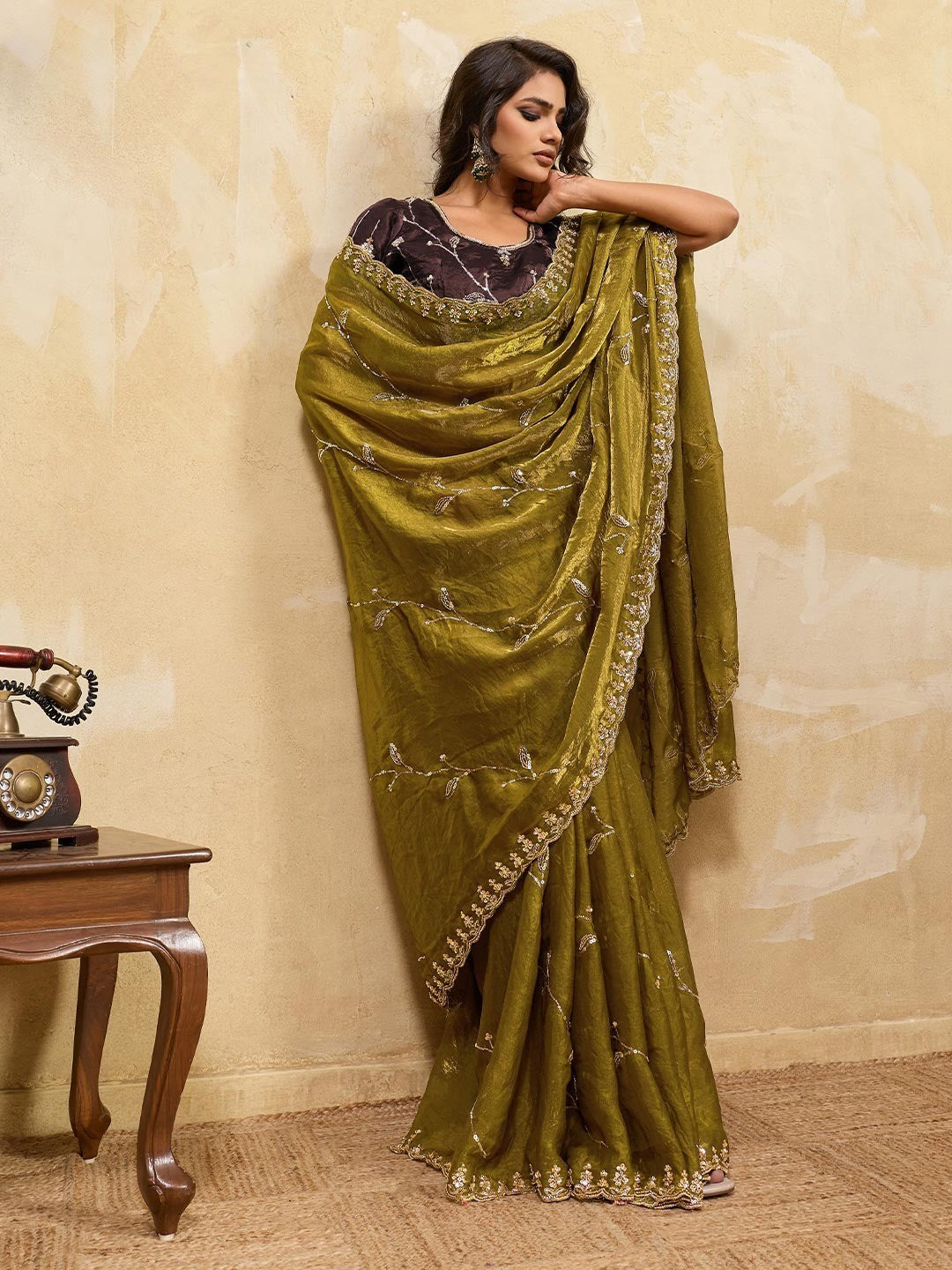 Elegant Mehendi Green Sequins Embroidered Velvet Satin Saree Adorned With Beads & Cutdana Work - Image 3