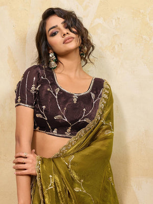 Elegant Mehendi Green Sequins Embroidered Velvet Satin Saree Adorned With Beads & Cutdana Work - Image 2