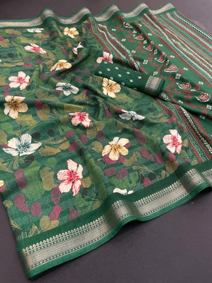 Green Chanderi Silk Saree with Floral Motifs and Border - Image 2