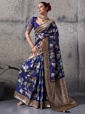 Navy Blue Floral Weaving Banarasi Silk Saree With Fine Piping & Classy Tassels On The Corners - Image 1