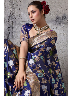 Navy Blue Floral Weaving Banarasi Silk Saree With Fine Piping & Classy Tassels On The Corners - Image 2