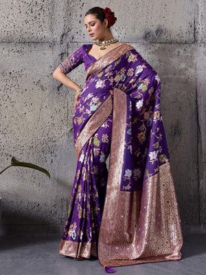 Purple Floral Weaving Banarasi Silk Saree With Fine Piping & Classy Tassels On The Corners - Image 2