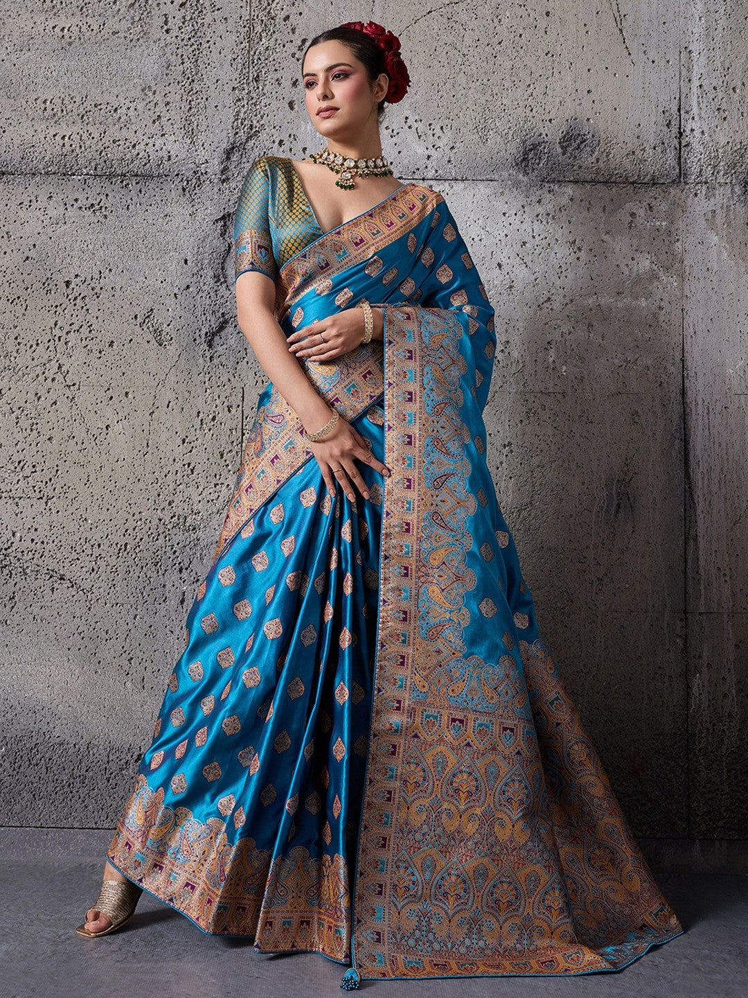 Traditional Blue Floral & Paisley Meenakari Woven Satin Silk Blend Saree With Tassel Pallu - Image 1