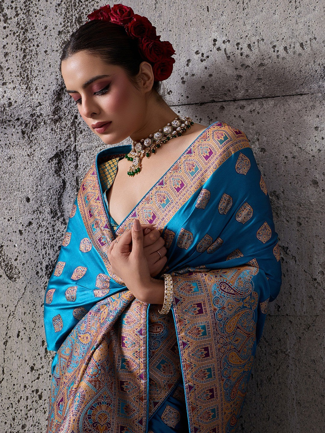 Traditional Blue Floral & Paisley Meenakari Woven Satin Silk Blend Saree With Tassel Pallu - Image 2