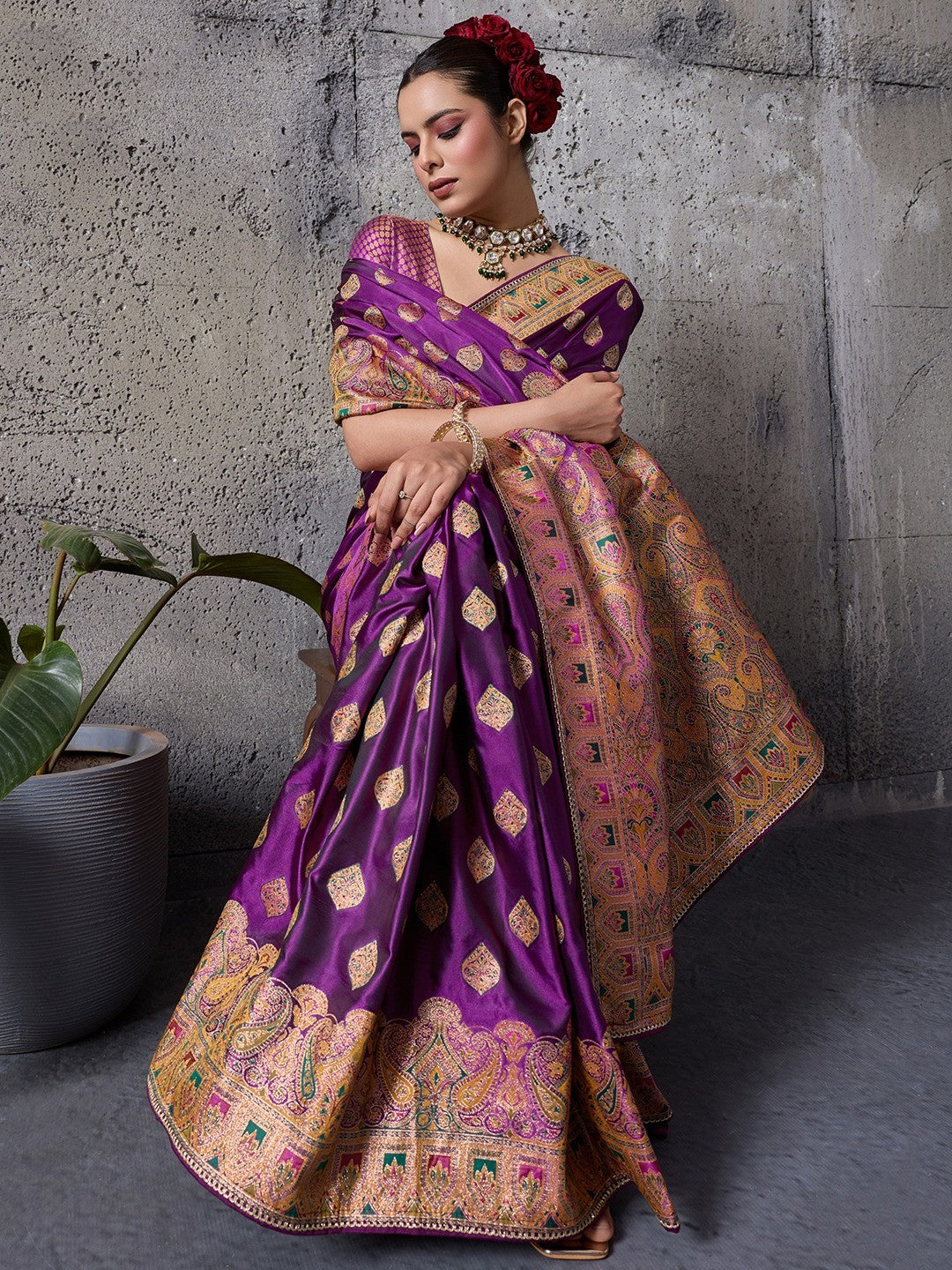 Traditional Purple Floral & Paisley Meenakari Woven Satin Silk Blend Saree With Tassel Pallu - Image 3