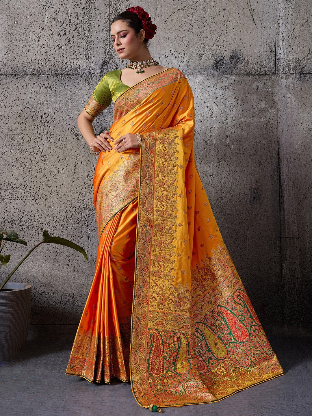 Traditional Orange Floral & Paisley Meenakari Woven Satin Silk Blend Saree With Tassel Pallu - Image 1