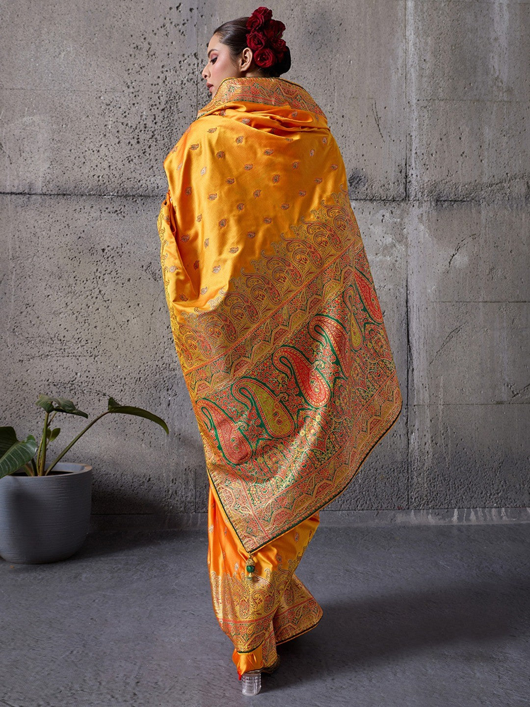 Traditional Orange Floral & Paisley Meenakari Woven Satin Silk Blend Saree With Tassel Pallu - Image 3