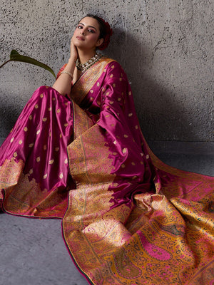Traditional Magenta Floral & Paisley Meenakari Woven Satin Silk Blend Saree With Tassel Pallu - Image 2