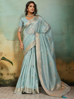 Elegant Sky Blue Zari Butti Weaving Tissue Linen Saree With Traditional Chit Pallu - Image 1