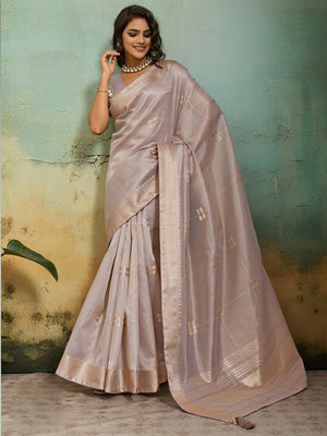 Elegant Grey Zari Butti Weaving Tissue Linen Saree With Traditional Chit Pallu - Image 1