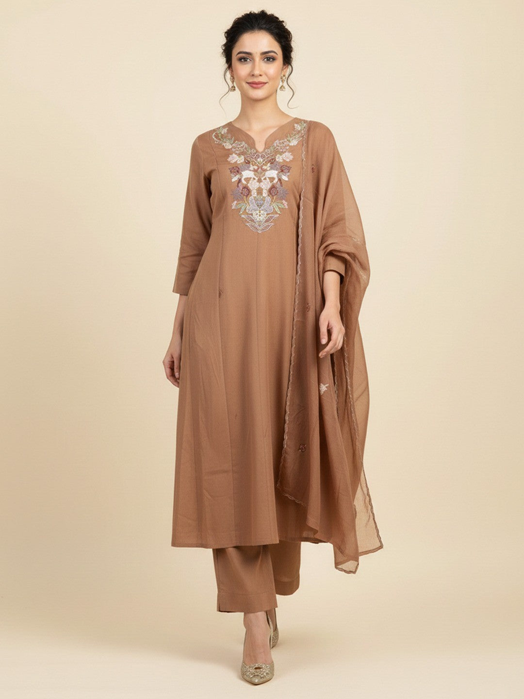 Brown Ethnic Motifs -Line Mul Chanderi Salwar Suit - Image 1