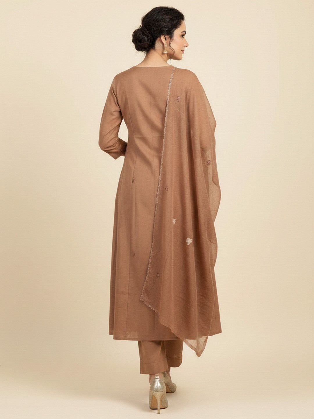 Brown Ethnic Motifs -Line Mul Chanderi Salwar Suit - Image 3
