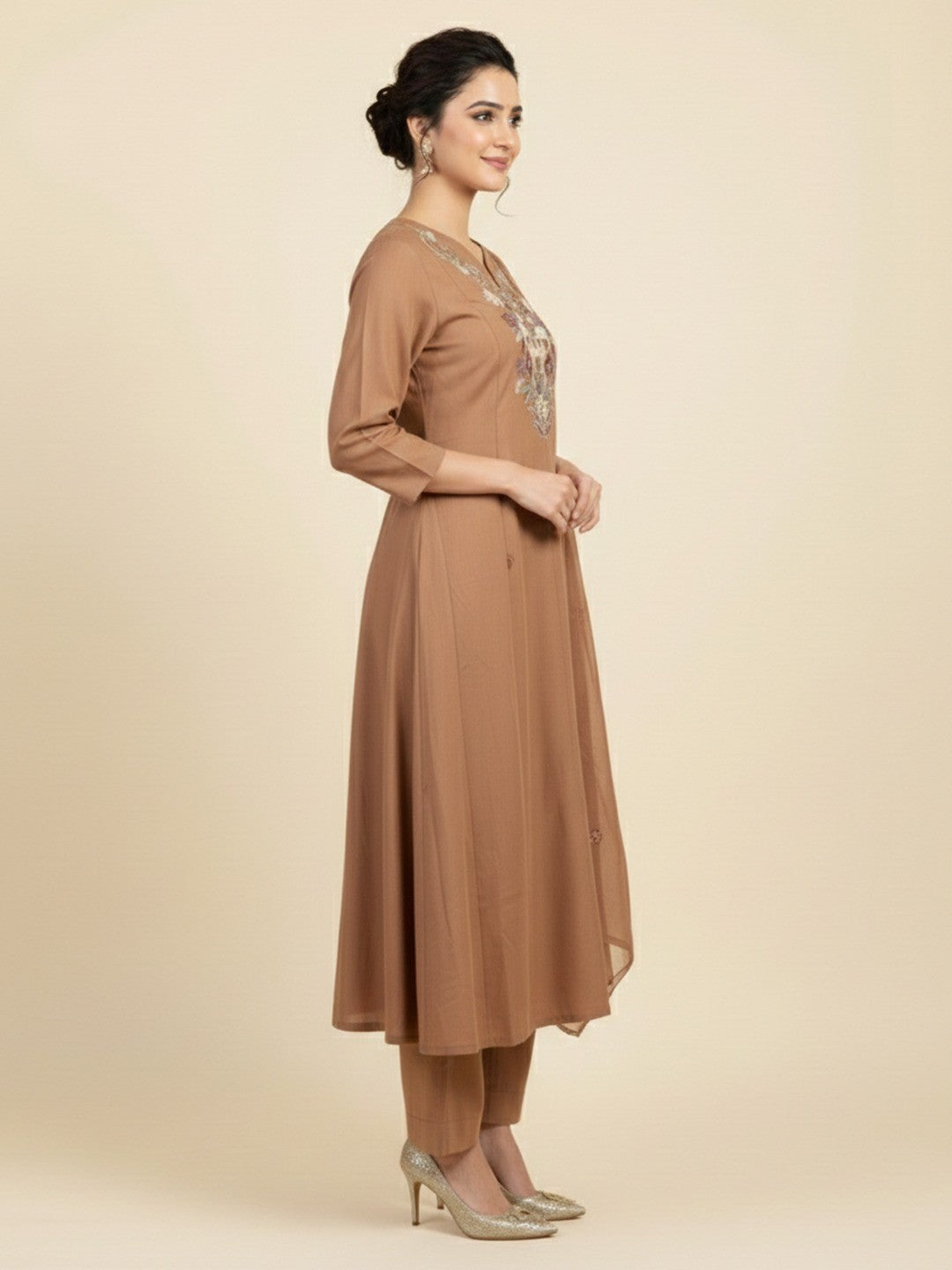 Brown Ethnic Motifs -Line Mul Chanderi Salwar Suit - Image 2