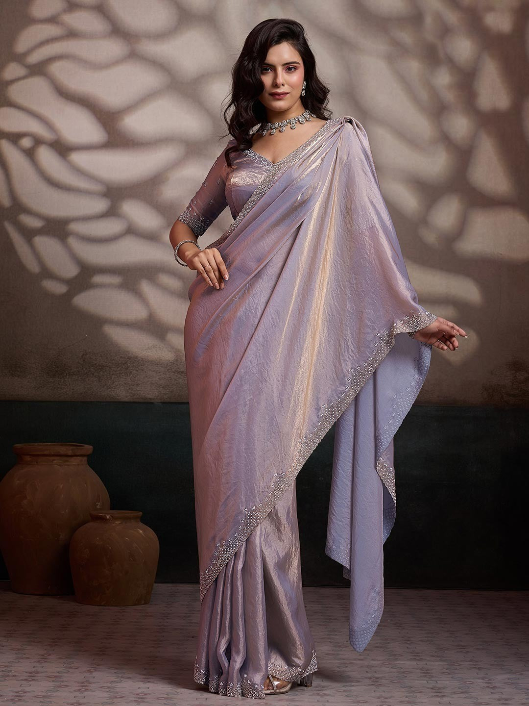 Graceful Silver Solid Velvet Satin Saree With Intricate Handcrafted Cutdana & Zarkan Border - Image 5