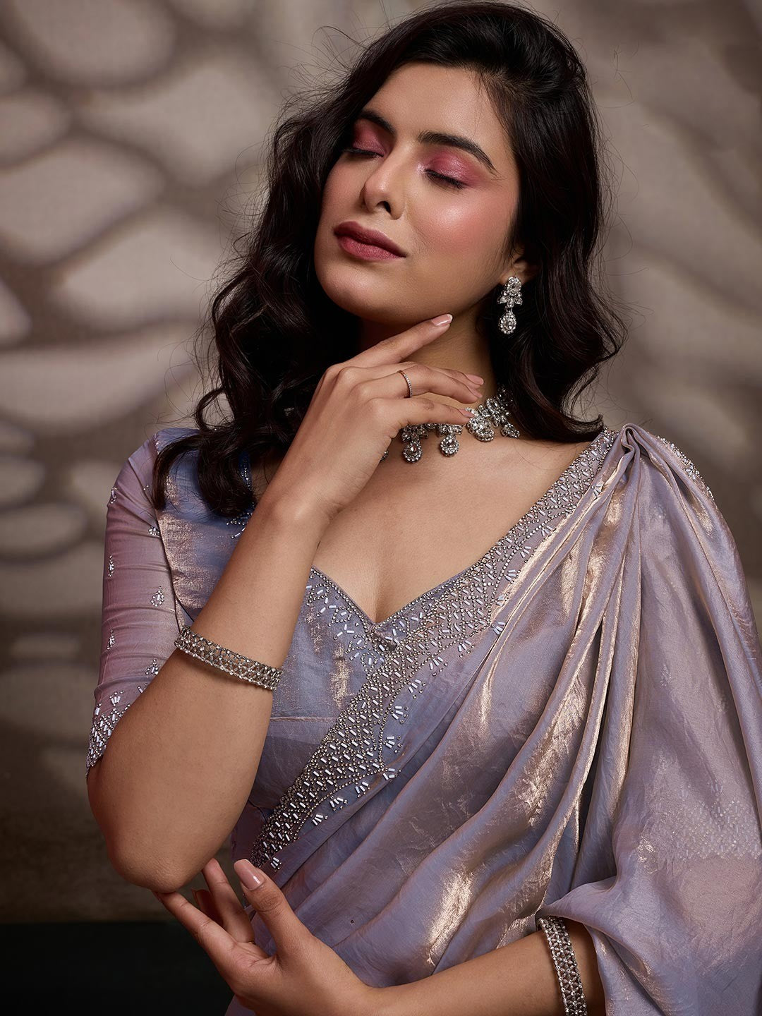 Graceful Silver Solid Velvet Satin Saree With Intricate Handcrafted Cutdana & Zarkan Border - Image 3