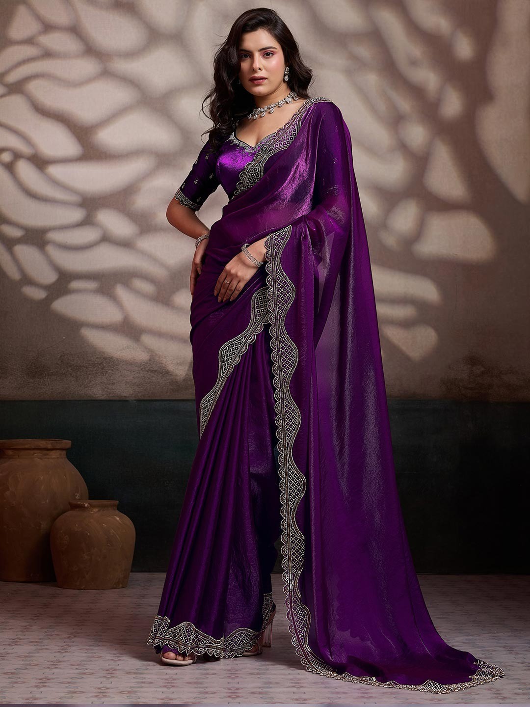 Graceful Violet Solid Velvet Satin Saree With Intricate Handcrafted Cutdana & Zarkan Border - Image 1