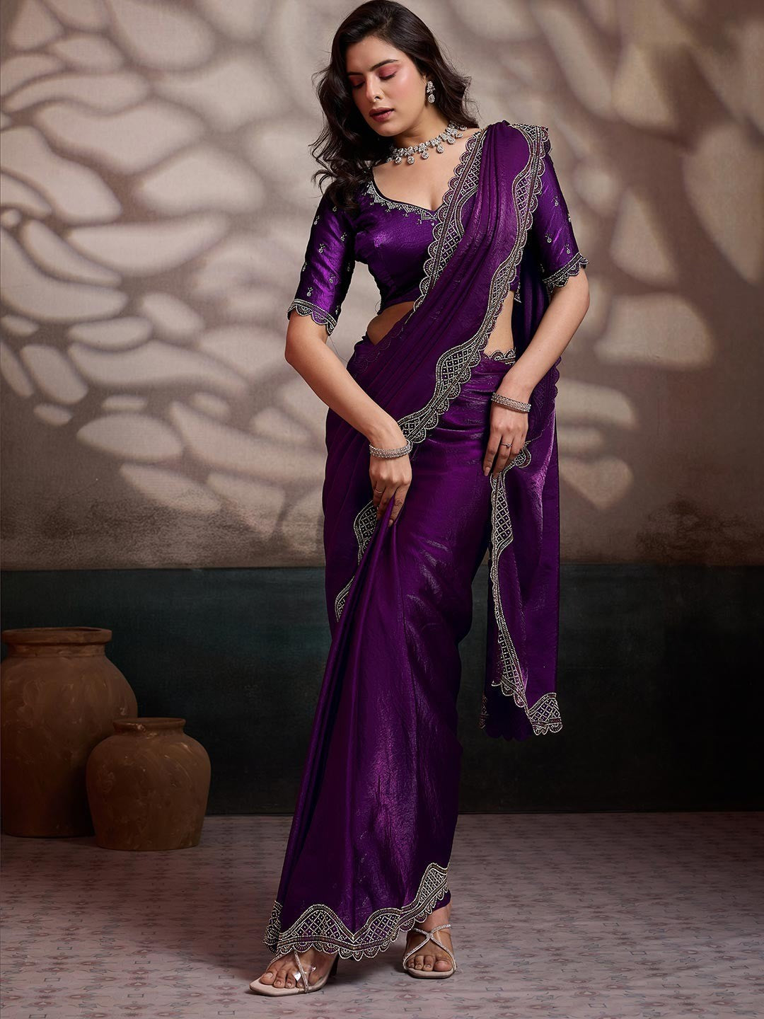 Graceful Violet Solid Velvet Satin Saree With Intricate Handcrafted Cutdana & Zarkan Border - Image 5