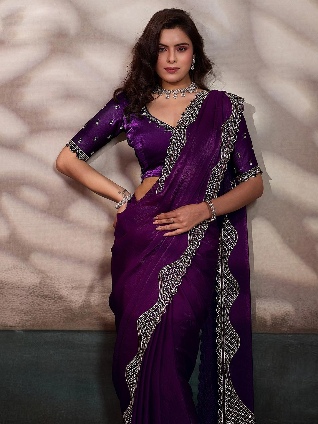 Graceful Violet Solid Velvet Satin Saree With Intricate Handcrafted Cutdana & Zarkan Border - Image 3