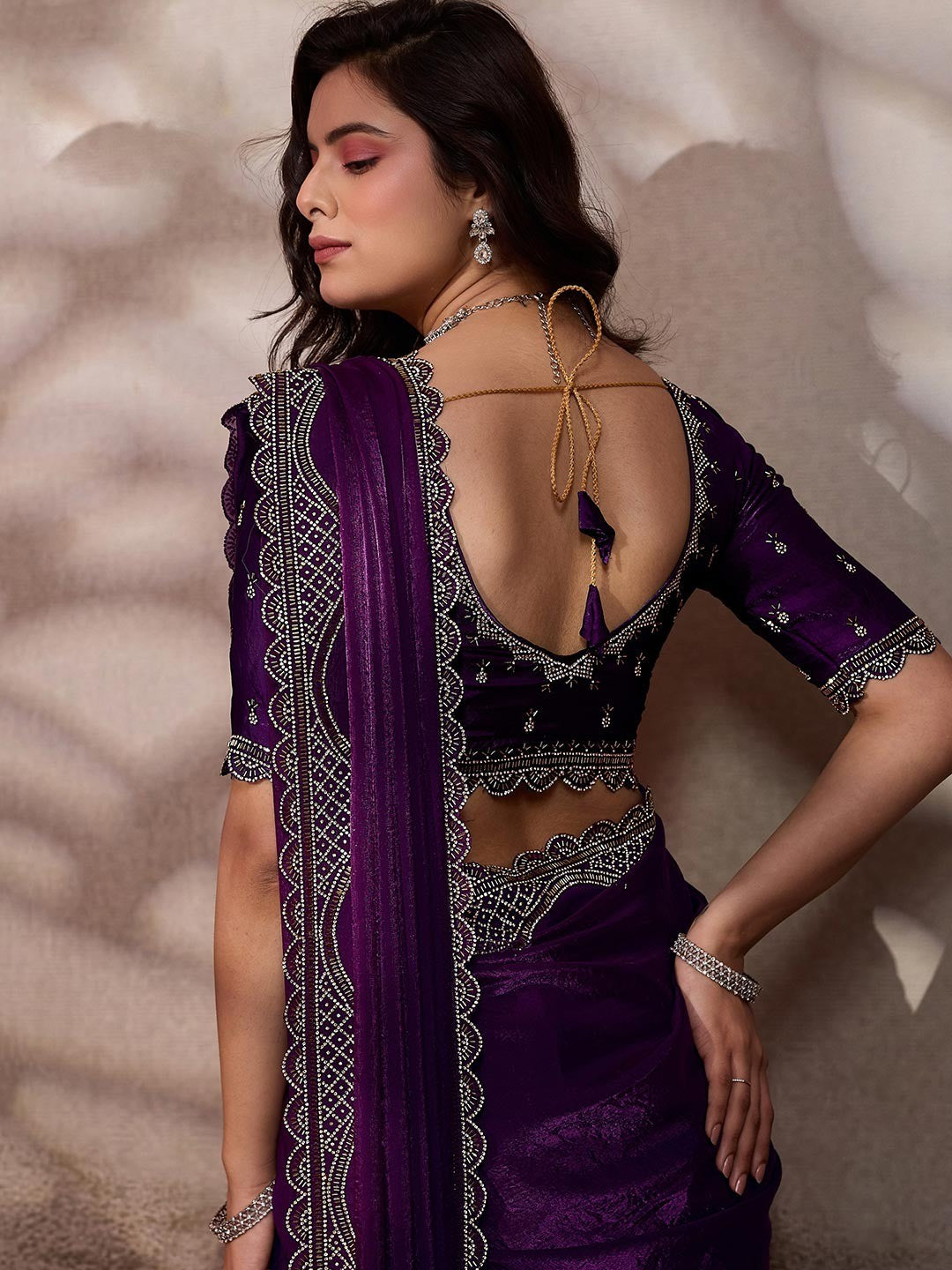 Graceful Violet Solid Velvet Satin Saree With Intricate Handcrafted Cutdana & Zarkan Border - Image 2