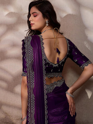 Graceful Violet Solid Velvet Satin Saree With Intricate Handcrafted Cutdana & Zarkan Border - Image 2