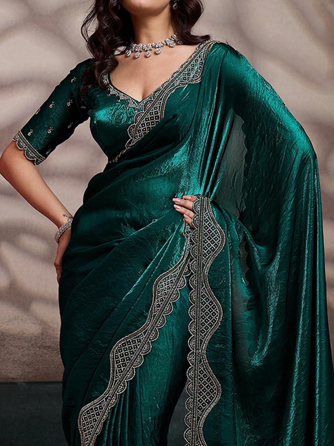 Graceful Teal Green Solid Velvet Satin Saree With Intricate Handcrafted Cutdana & Zarkan Border - Image 6