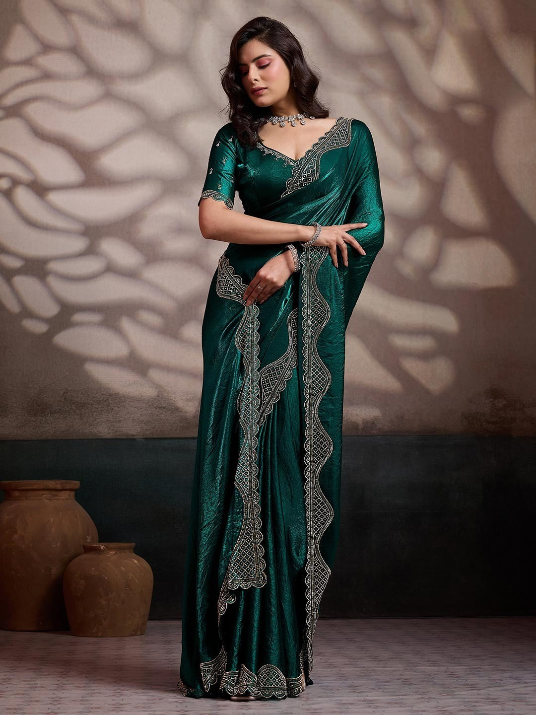 Graceful Teal Green Solid Velvet Satin Saree With Intricate Handcrafted Cutdana & Zarkan Border - Image 5