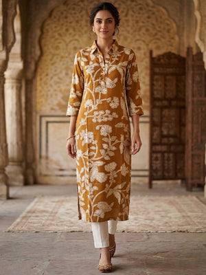 Yellow Floral Printed Rayon Kurti with Collar Neck - Image 1