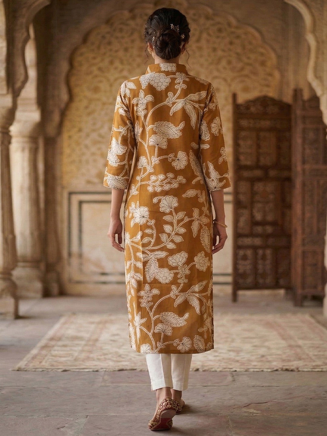 Yellow Floral Printed Rayon Kurti with Collar Neck - Image 3