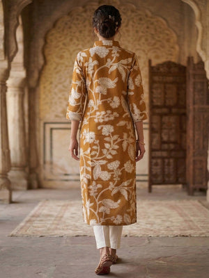 Yellow Floral Printed Rayon Kurti with Collar Neck - Image 2