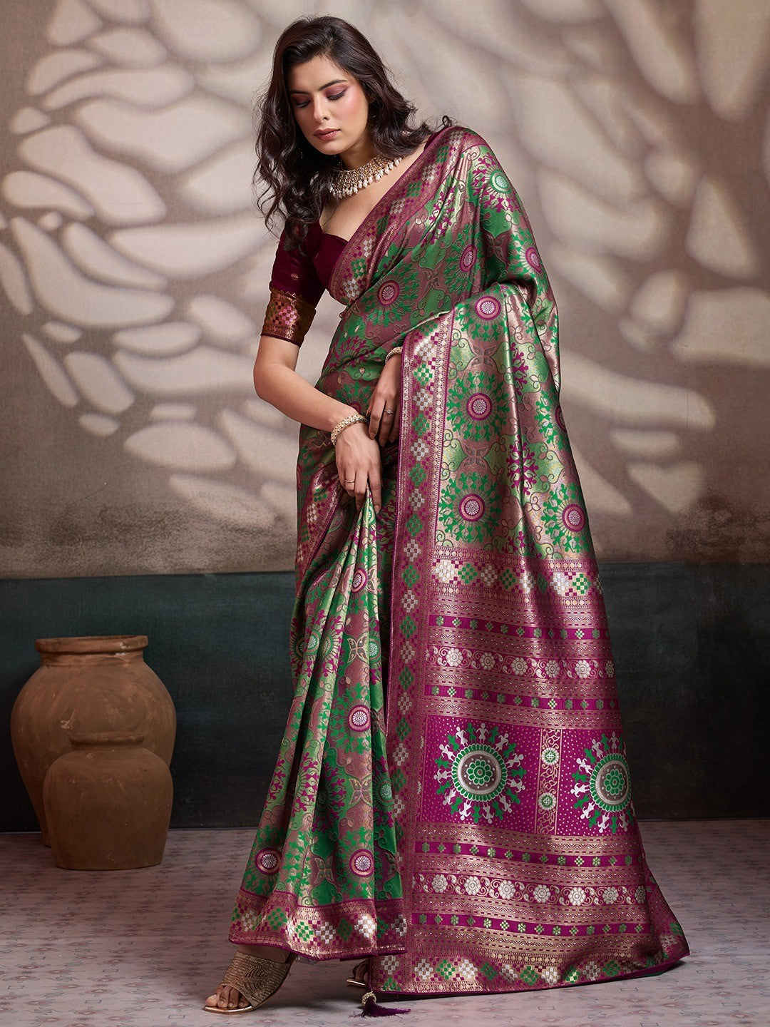 Graceful Green & Wine Floral Zari Meenakari Weaving Art Silk Saree With Elegant Tassel Pallu - Image 1