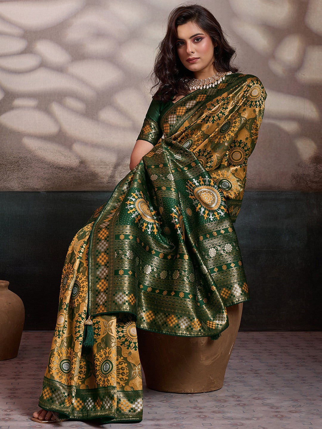 Graceful Mustard & Green Floral Zari Meenakari Weaving Art Silk Saree With Elegant Tassel Pallu - Image 3