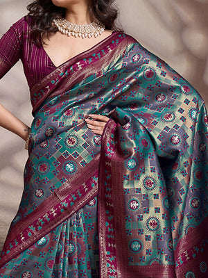 Graceful Turquoise & Wine Floral Zari Meenakari Weaving Art Silk Saree With Elegant Tassel Pallu - Image 2
