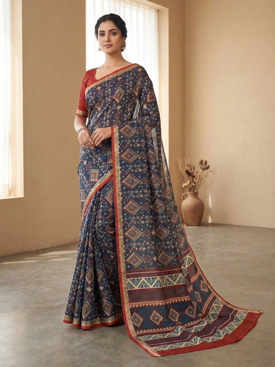 Traditional Blue Chanderi Silk Saree with Detailed Geometric Print Pattern - Image 1
