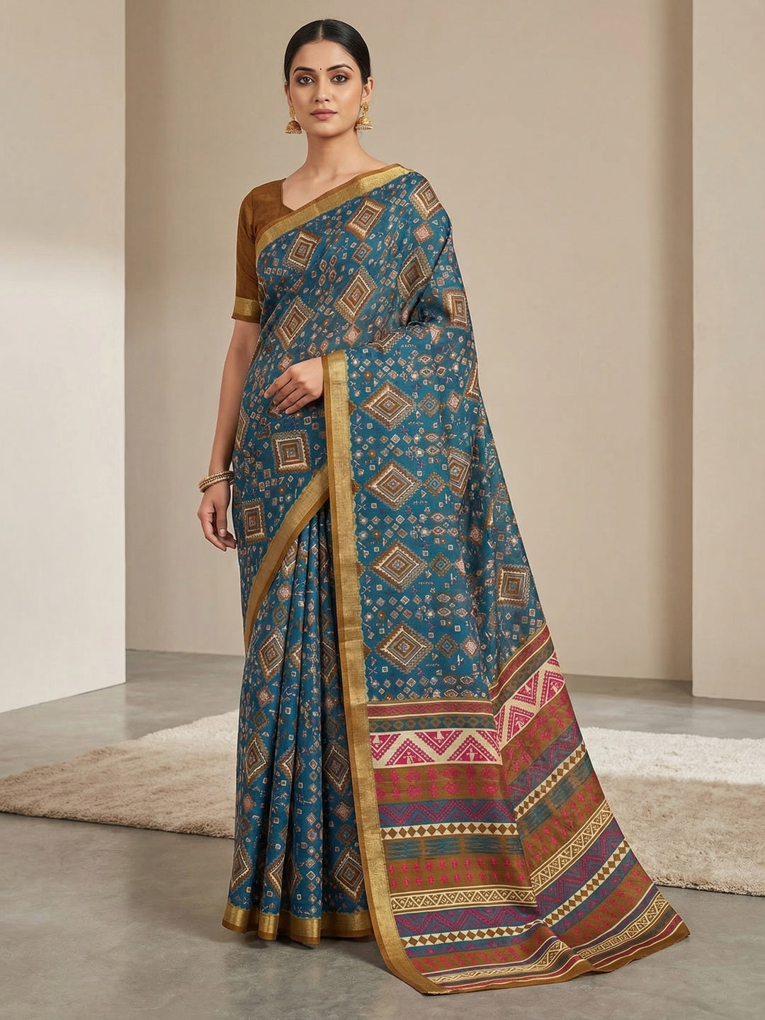 Traditional Teal Chanderi Silk Saree with Detailed Geometric Print Pattern - Image 1