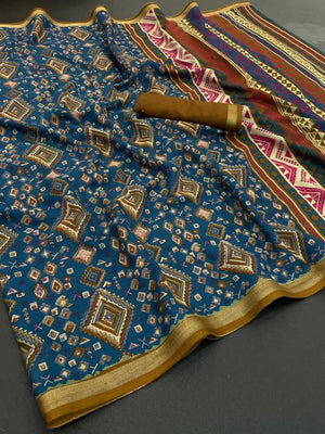 Traditional Teal Chanderi Silk Saree with Detailed Geometric Print Pattern - Image 2