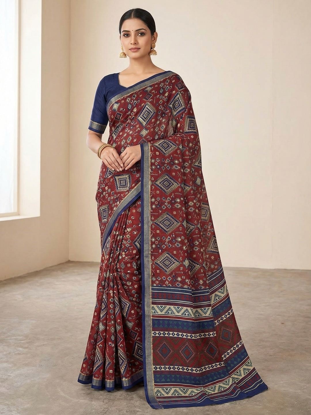 Traditional Maroon Chanderi Silk Saree with Detailed Geometric Print Pattern - Image 1
