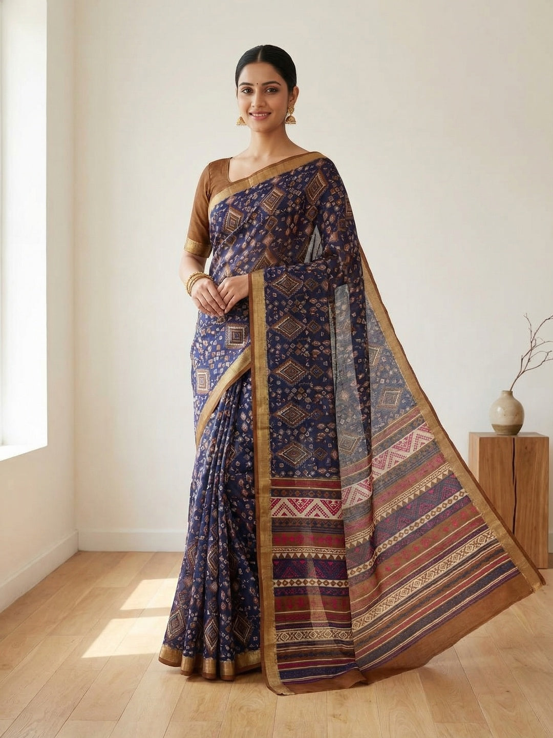 Traditional Navy Blue Chanderi Silk Saree with Detailed Geometric Print Pattern - Image 1