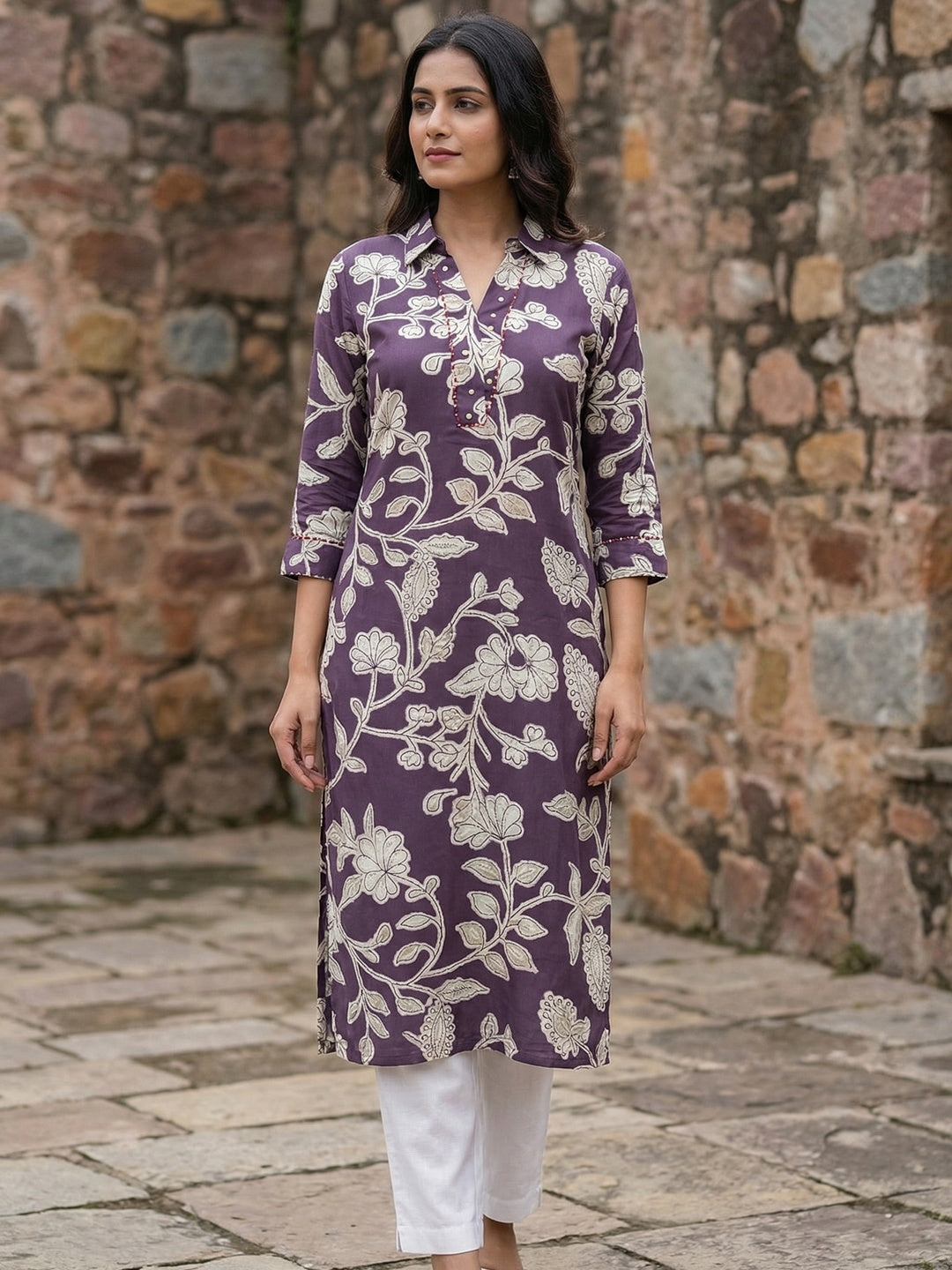 Purple Floral Printed Rayon Kurti with Collar Neck - Image 1