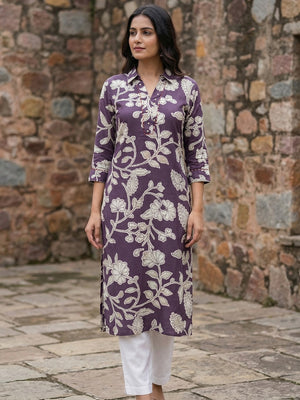 Purple Floral Printed Rayon Kurti with Collar Neck - Image 1
