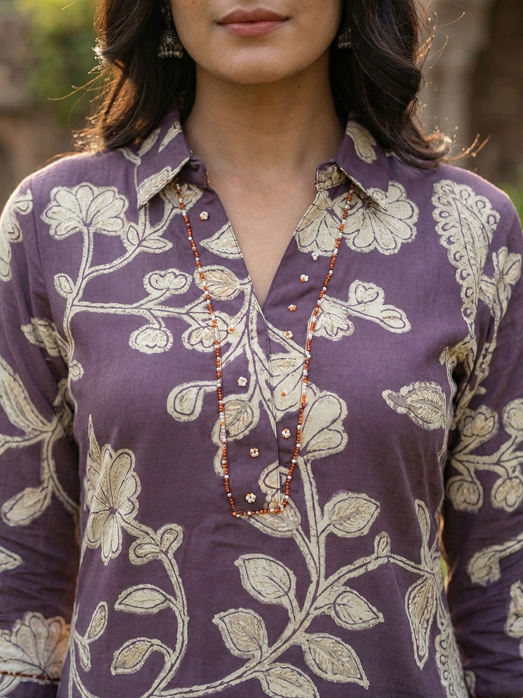 Purple Floral Printed Rayon Kurti with Collar Neck - Image 2
