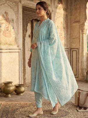 Sky Blue Floral Printed Pure Cotton Salwar Suit Set with Breathable Fabric Feel and Printed Dupatta - Image 2