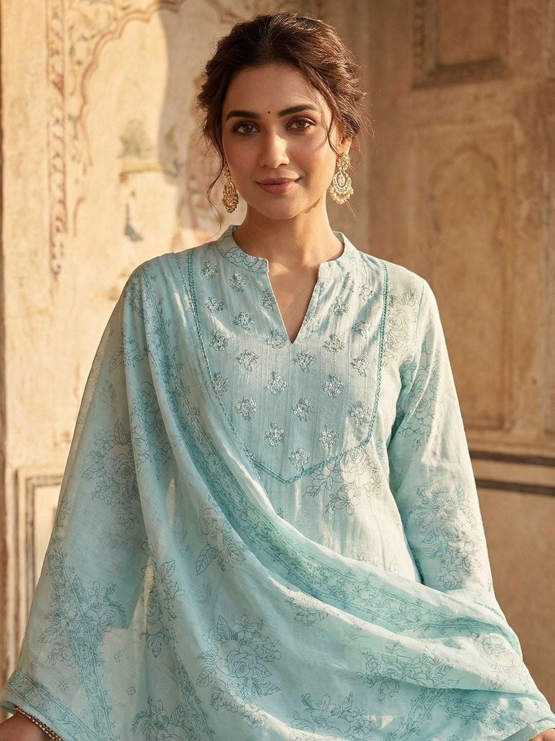 Sky Blue Floral Printed Pure Cotton Salwar Suit Set with Breathable Fabric Feel and Printed Dupatta - Image 4