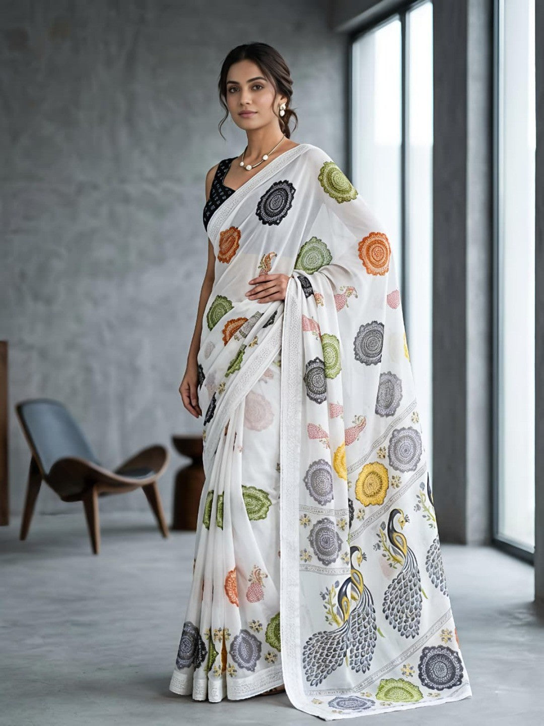 Classic White & Black Peacock Pattern Printed Georgette Saree - Image 1