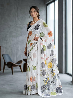 Classic White & Black Peacock Pattern Printed Georgette Saree - Image 1