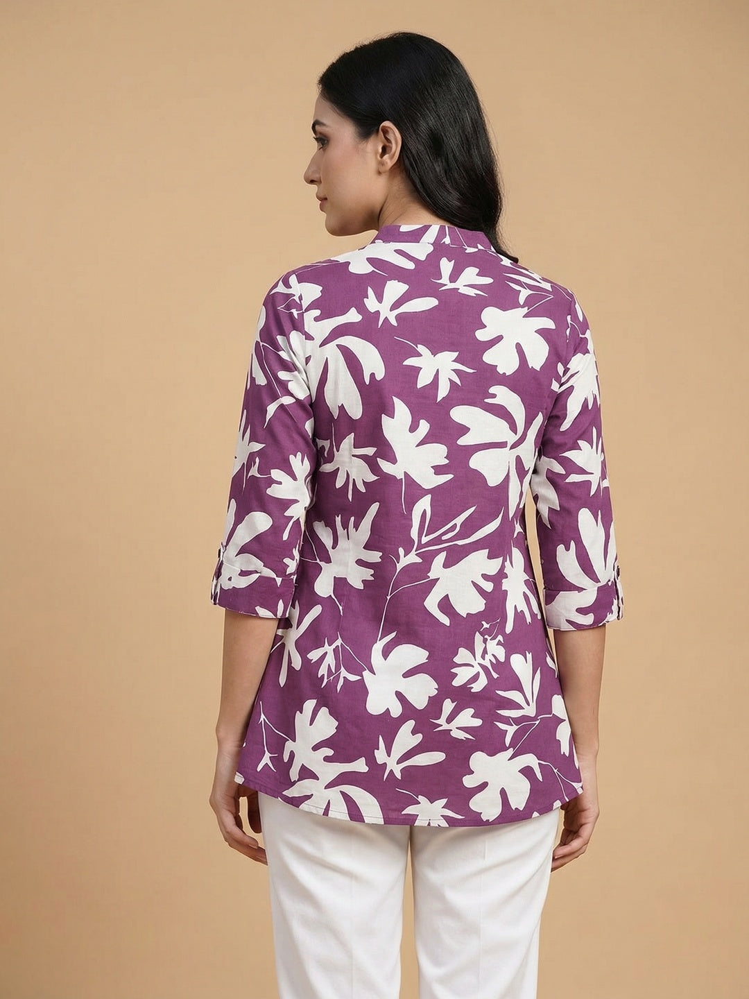 Purple Floral Print Pure Cotton Top for Casual Wear - Image 3