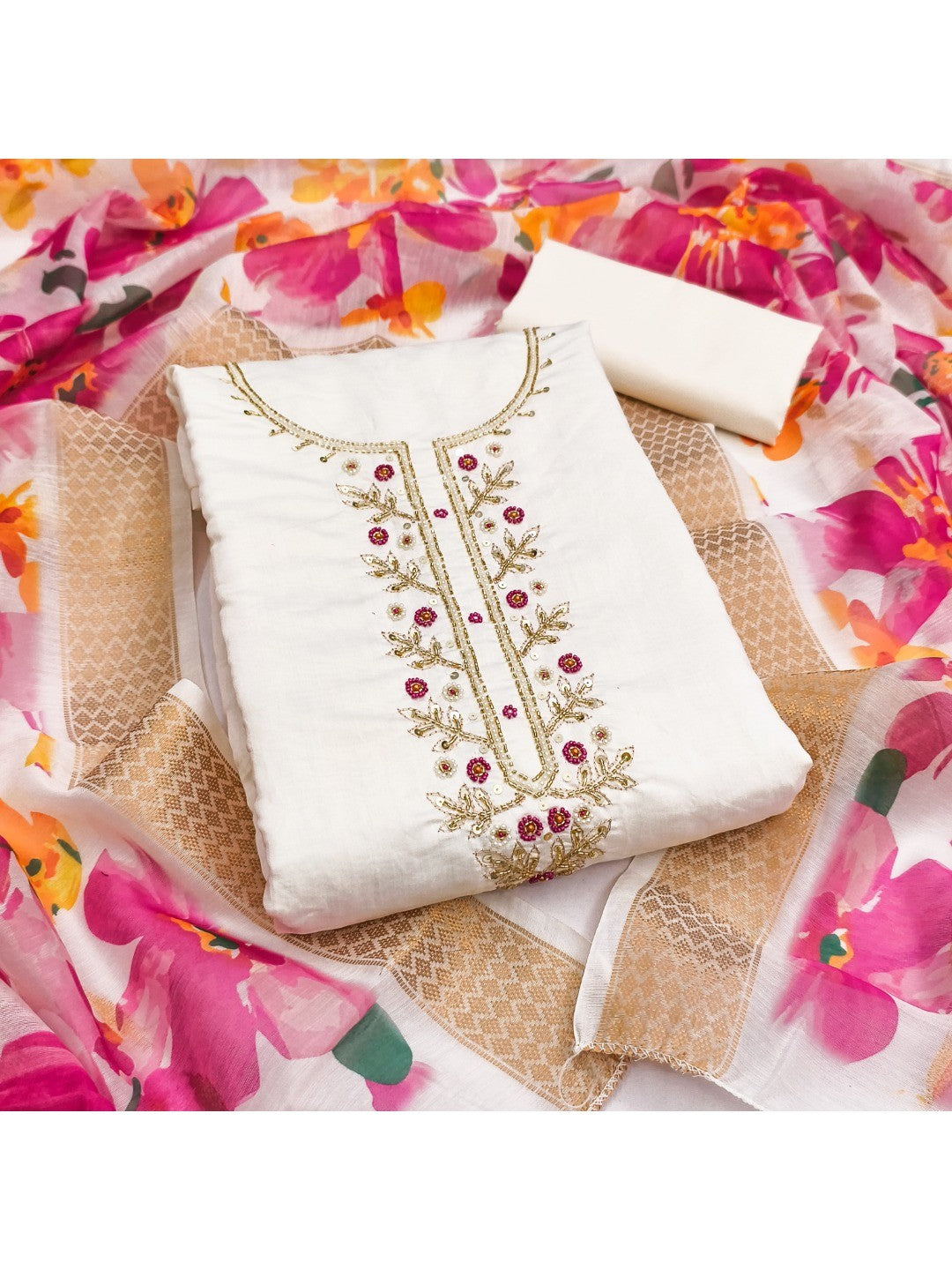 Stunning Cream Moti & Beads Hand Embellished With Sequins Roman Art Silk Dress Material - Image 3