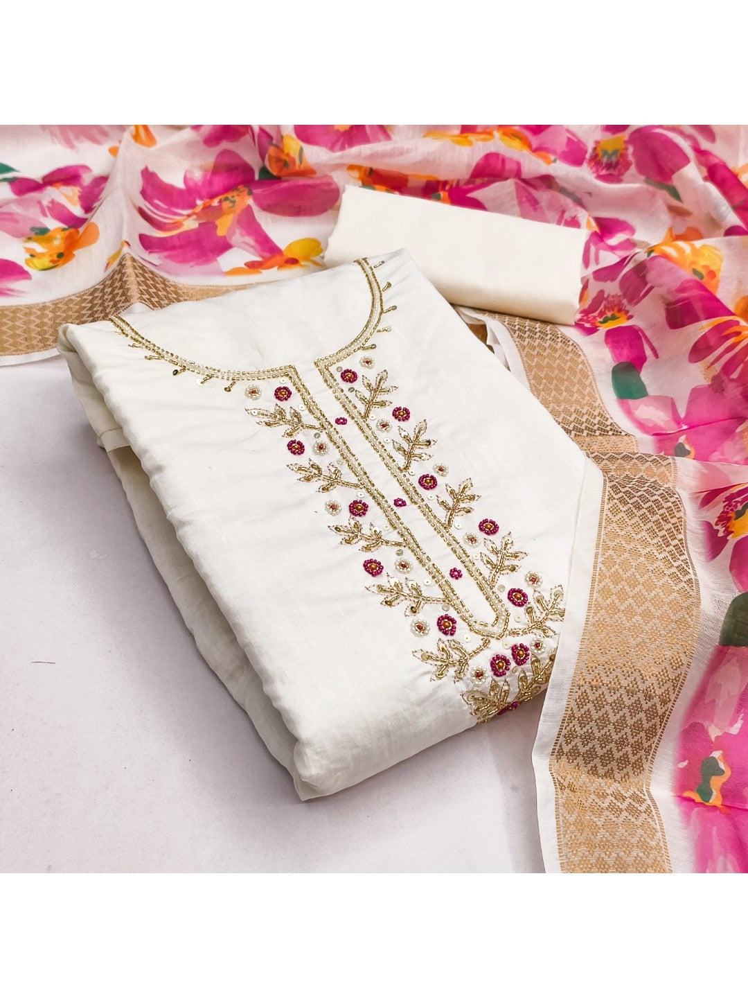 Stunning Cream Moti & Beads Hand Embellished With Sequins Roman Art Silk Dress Material - Image 4